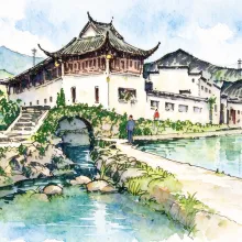 水彩_飞檐楼阁石桥水景