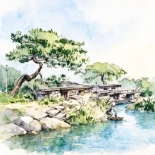 水彩_苍松水岸长桥