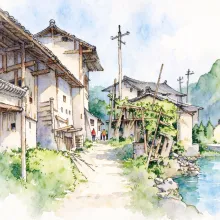水彩_贵州山村木屋