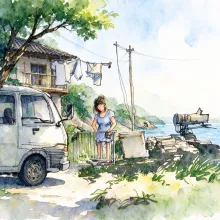 水彩_路边卡车晾衣妇人