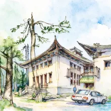 水彩_飞檐洋楼与汽车