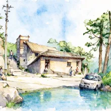 水彩_路边坡顶小屋电线杆