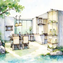 水彩_餐厅厨房室内手稿