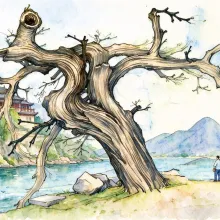 水彩_苍劲枯树江畔