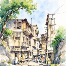 水彩_老城骑楼街景