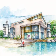 水彩_转角现代建筑
