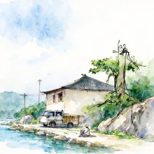 水彩_路边货车与大树