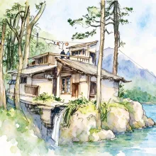水彩_苍松山溪层叠屋