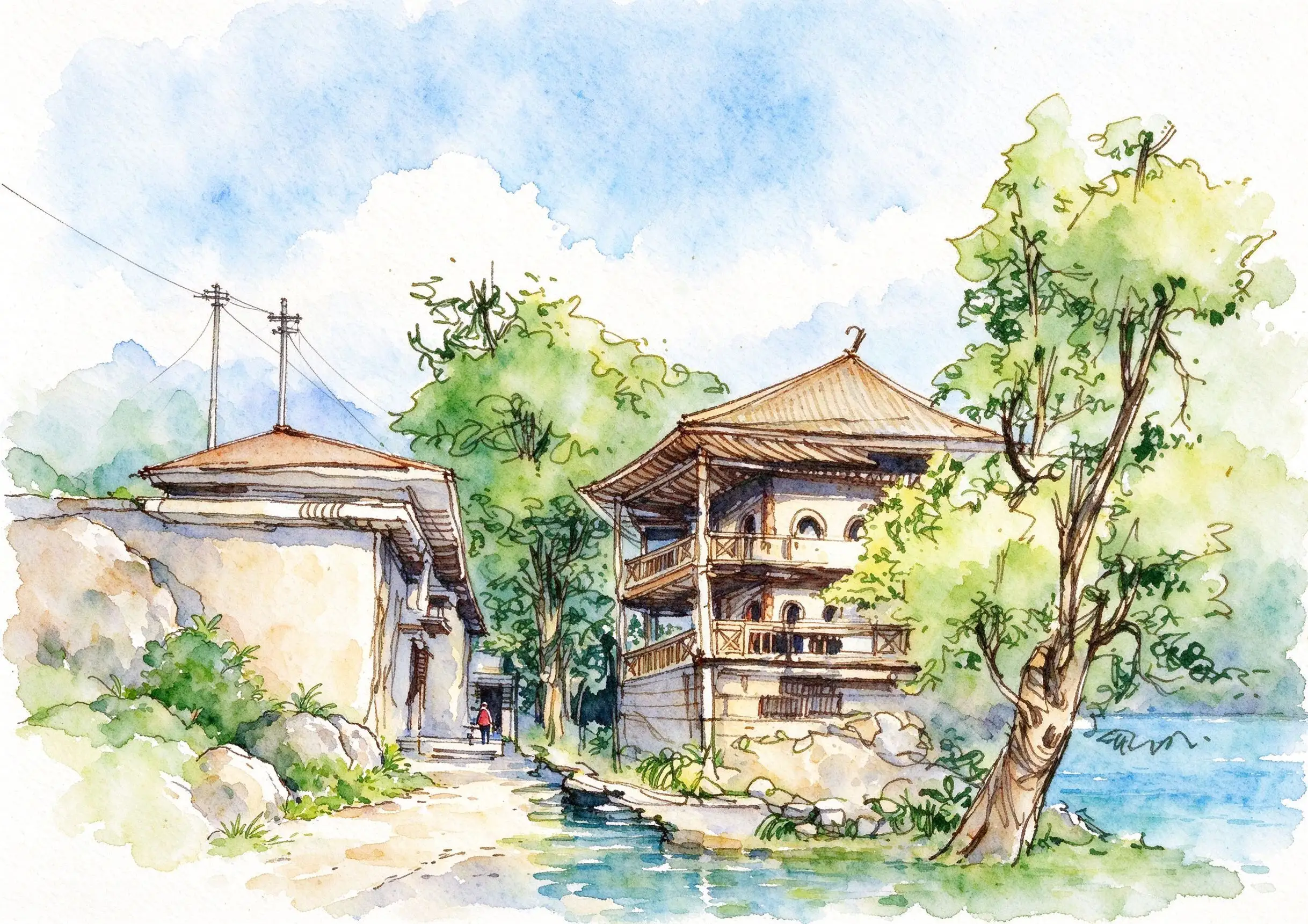 水彩_两层凉亭连廊树木.webp