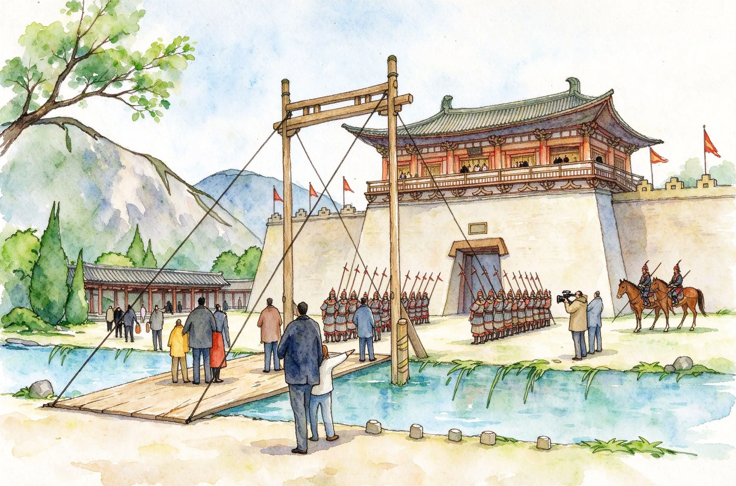 水彩_古城门城楼阅兵.webp