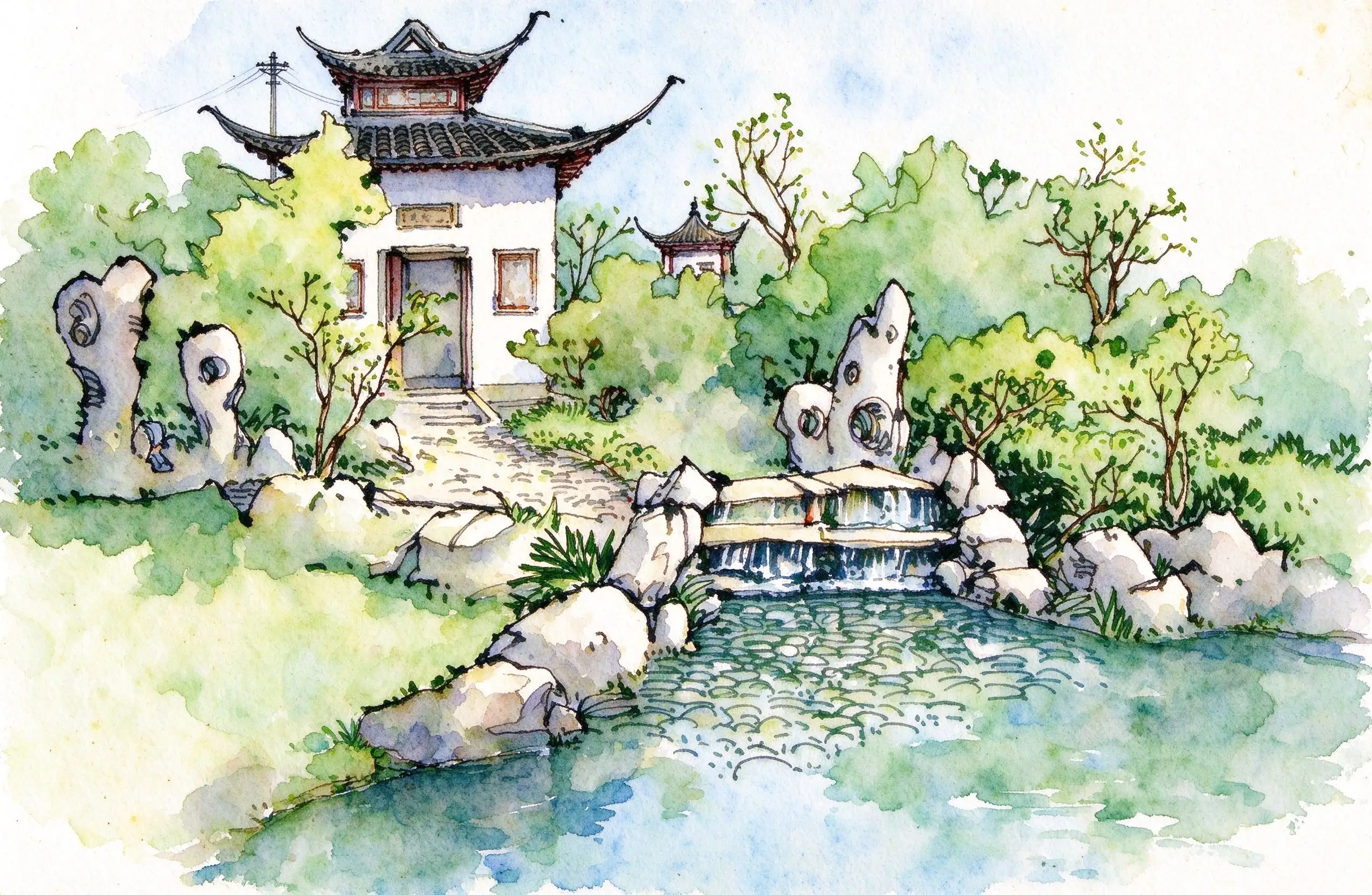 水彩_园林门楼假山.webp
