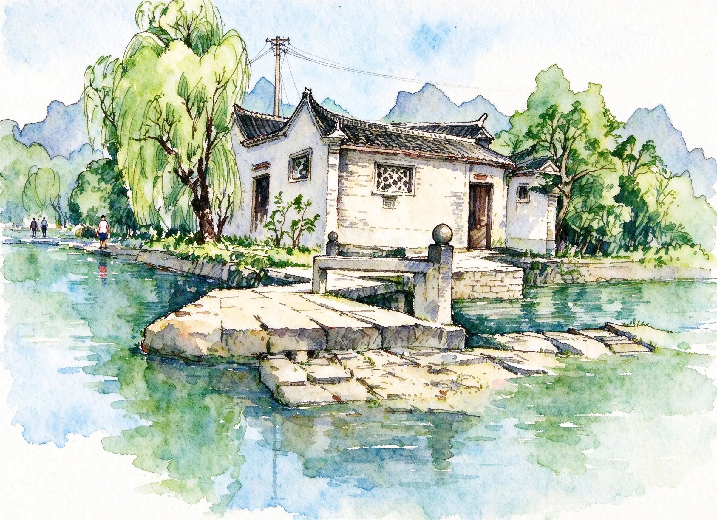水彩_垂柳青砖小院水景.webp