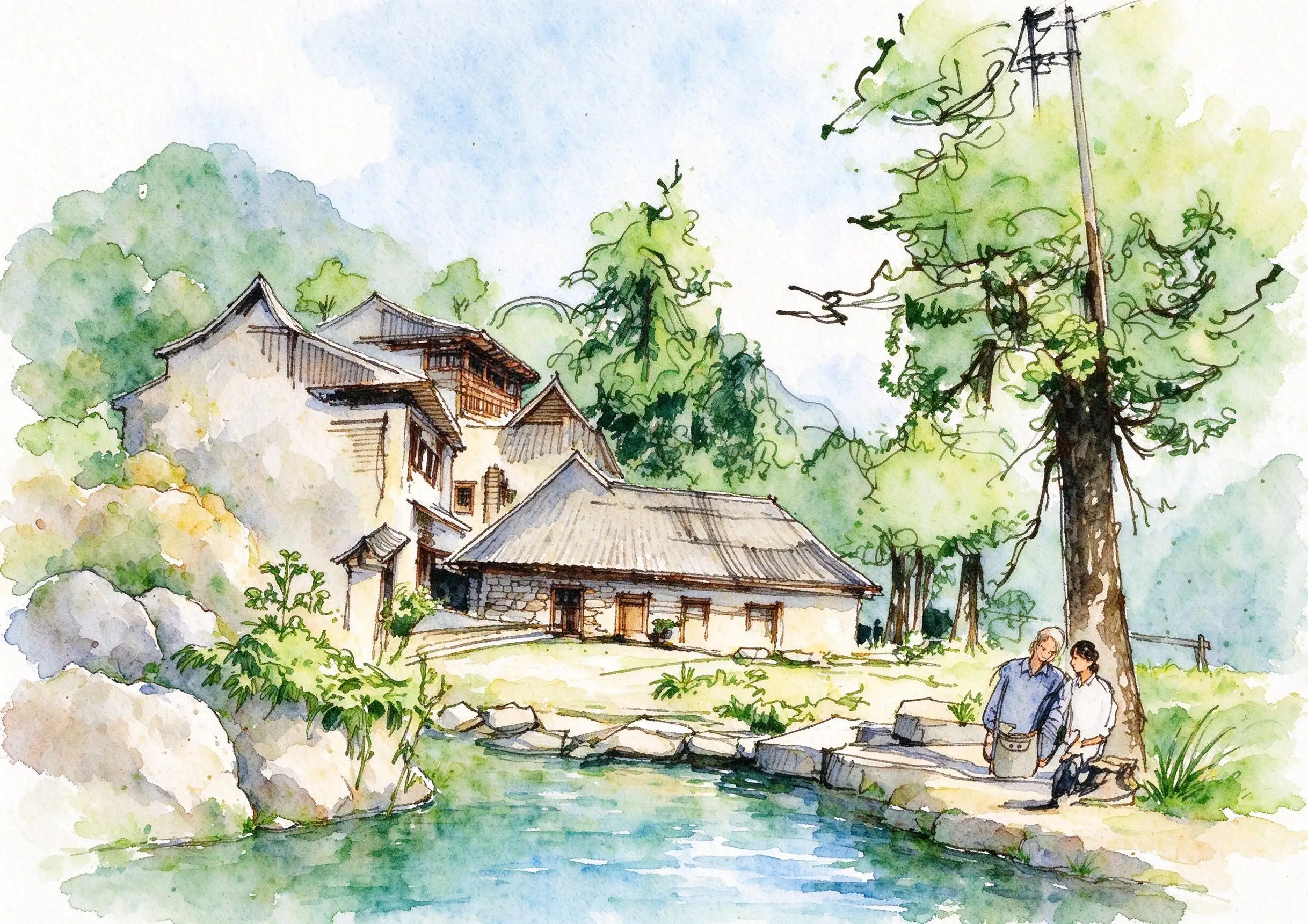 水彩_大树坡顶民居台阶.webp