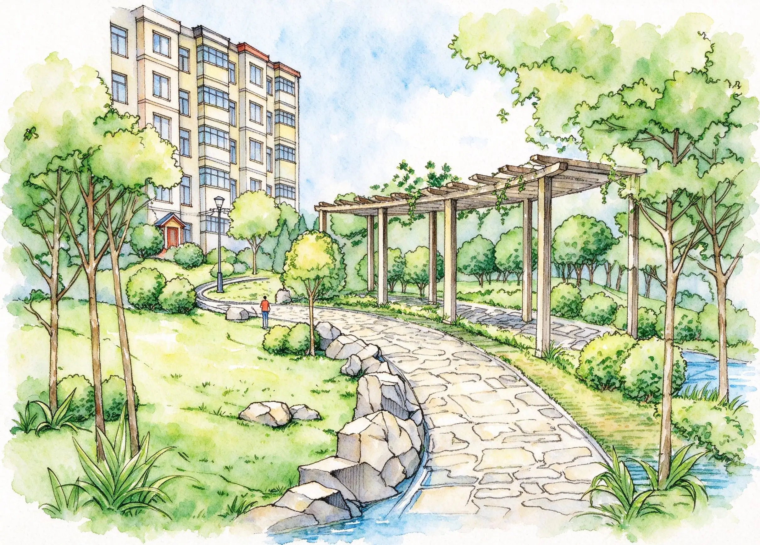 水彩_小区廊架石板路.webp
