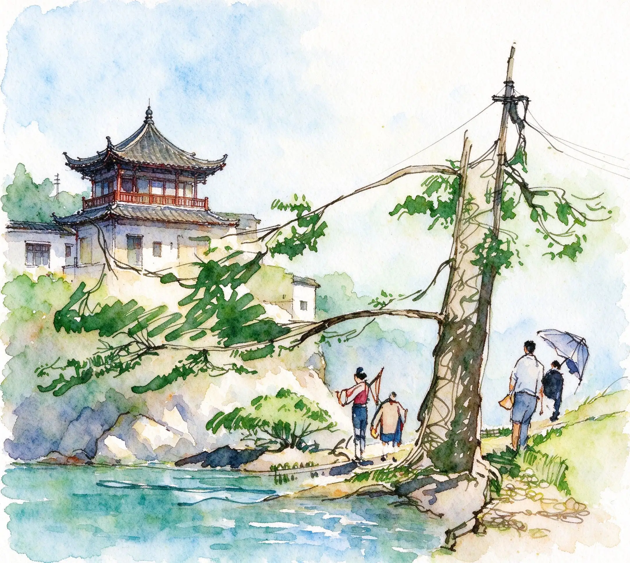 水彩_庐山花径大树游人.webp