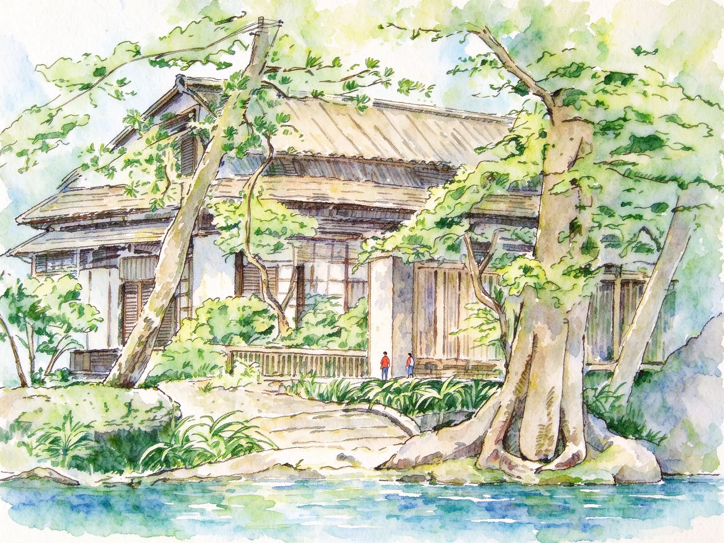 水彩_日式庭院木屋树林.webp