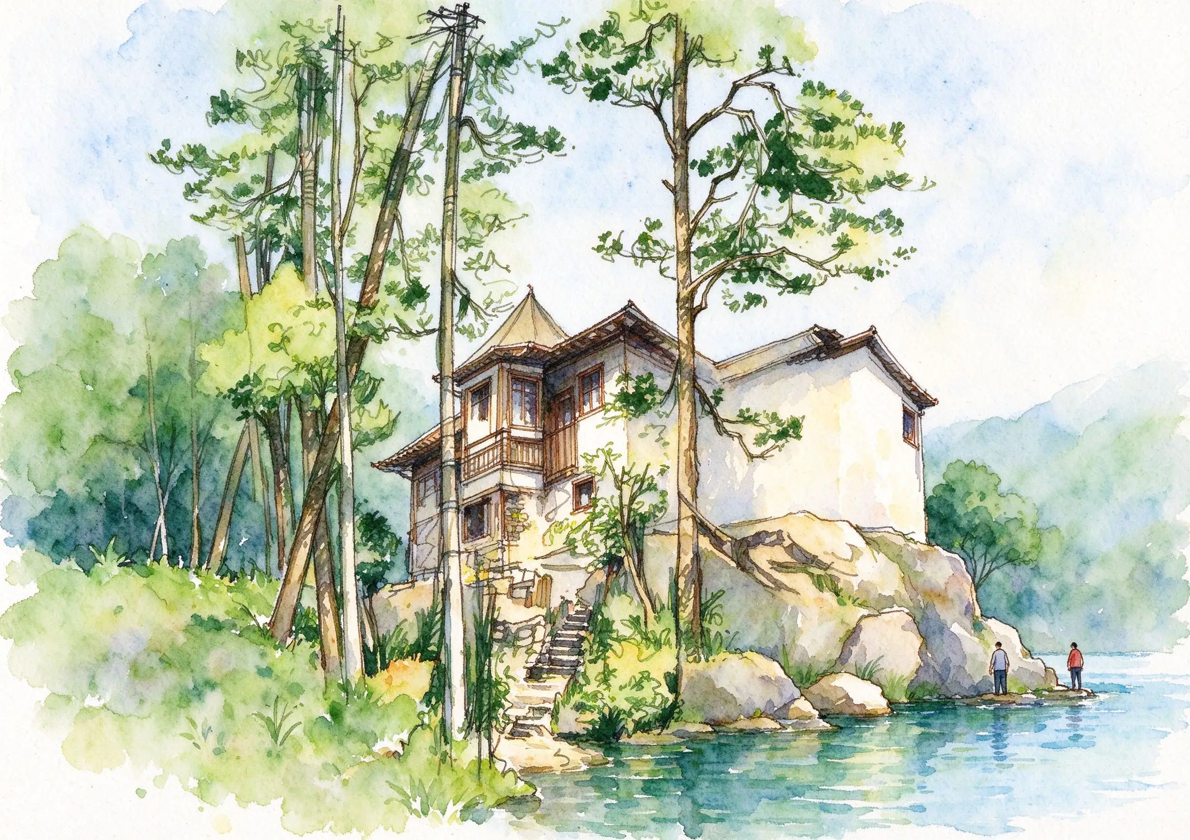 水彩_松树林间坡顶小屋.webp