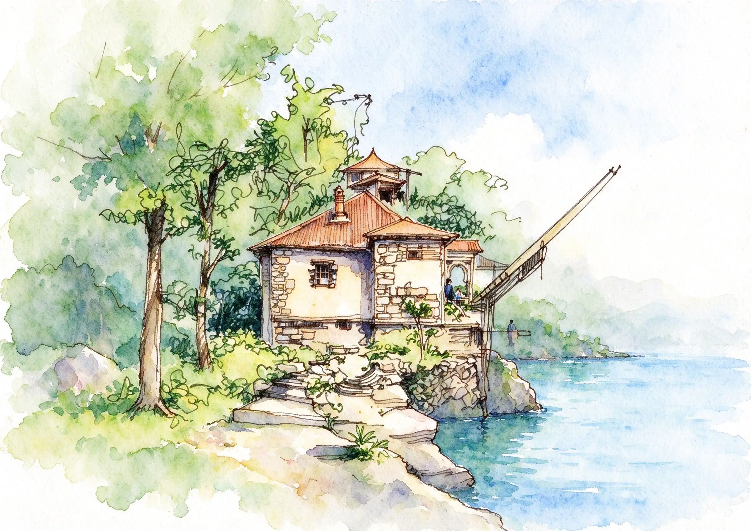 水彩_林间临水石屋.webp