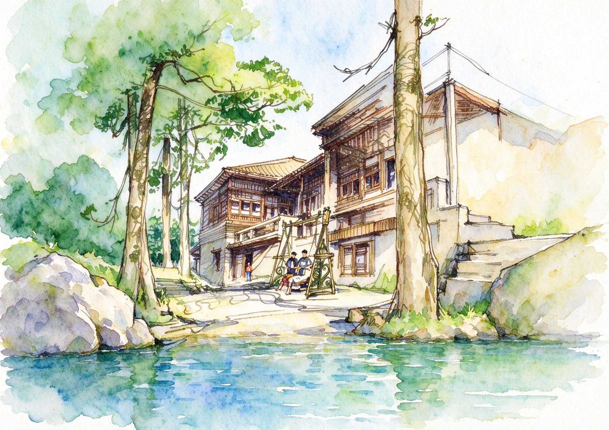 水彩_林间木屋群树木.webp