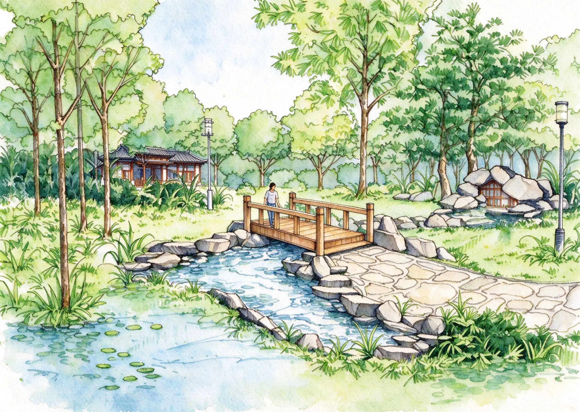 水彩_林间溪桥水径.webp