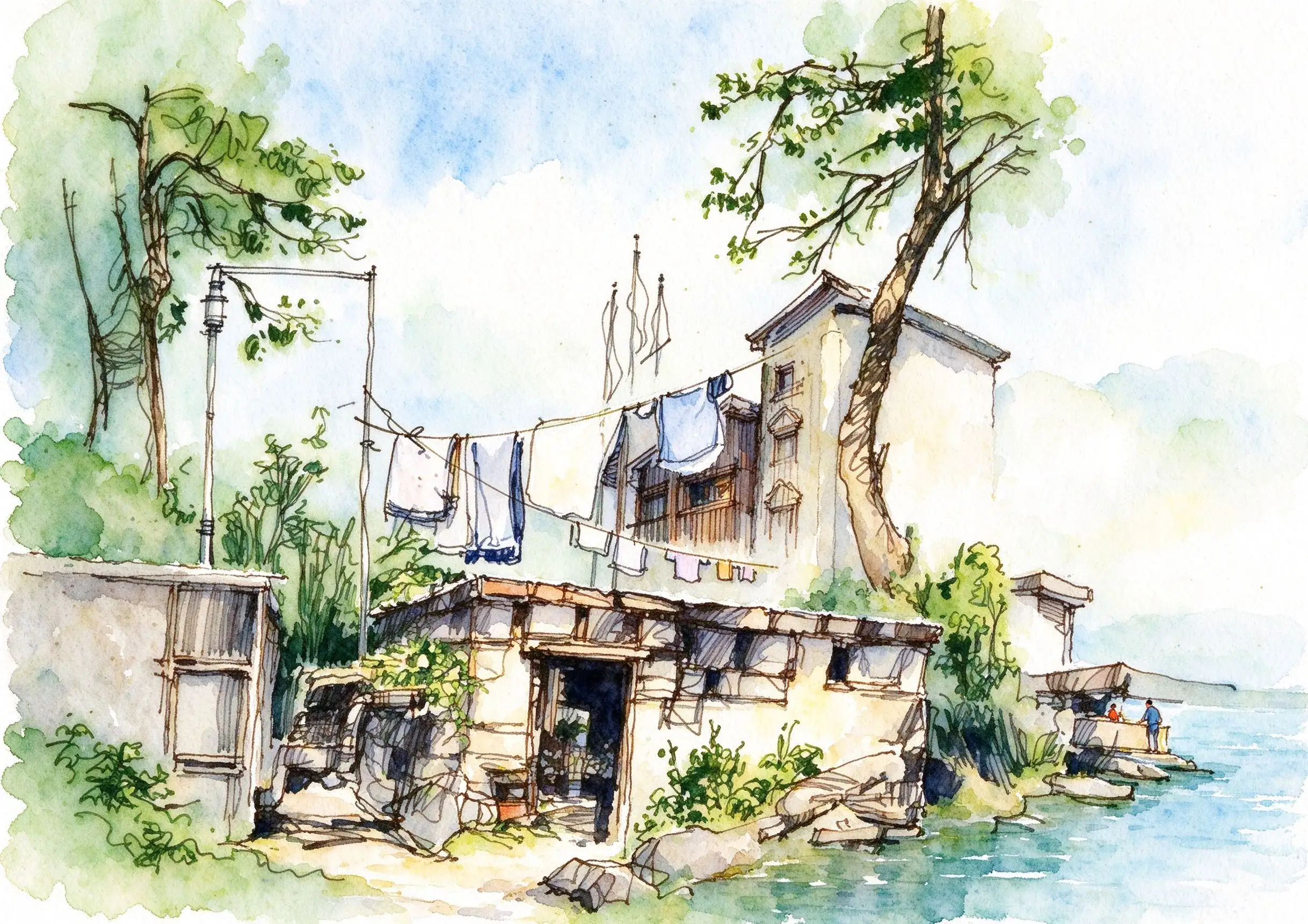 水彩_水岸晾晒院落.webp