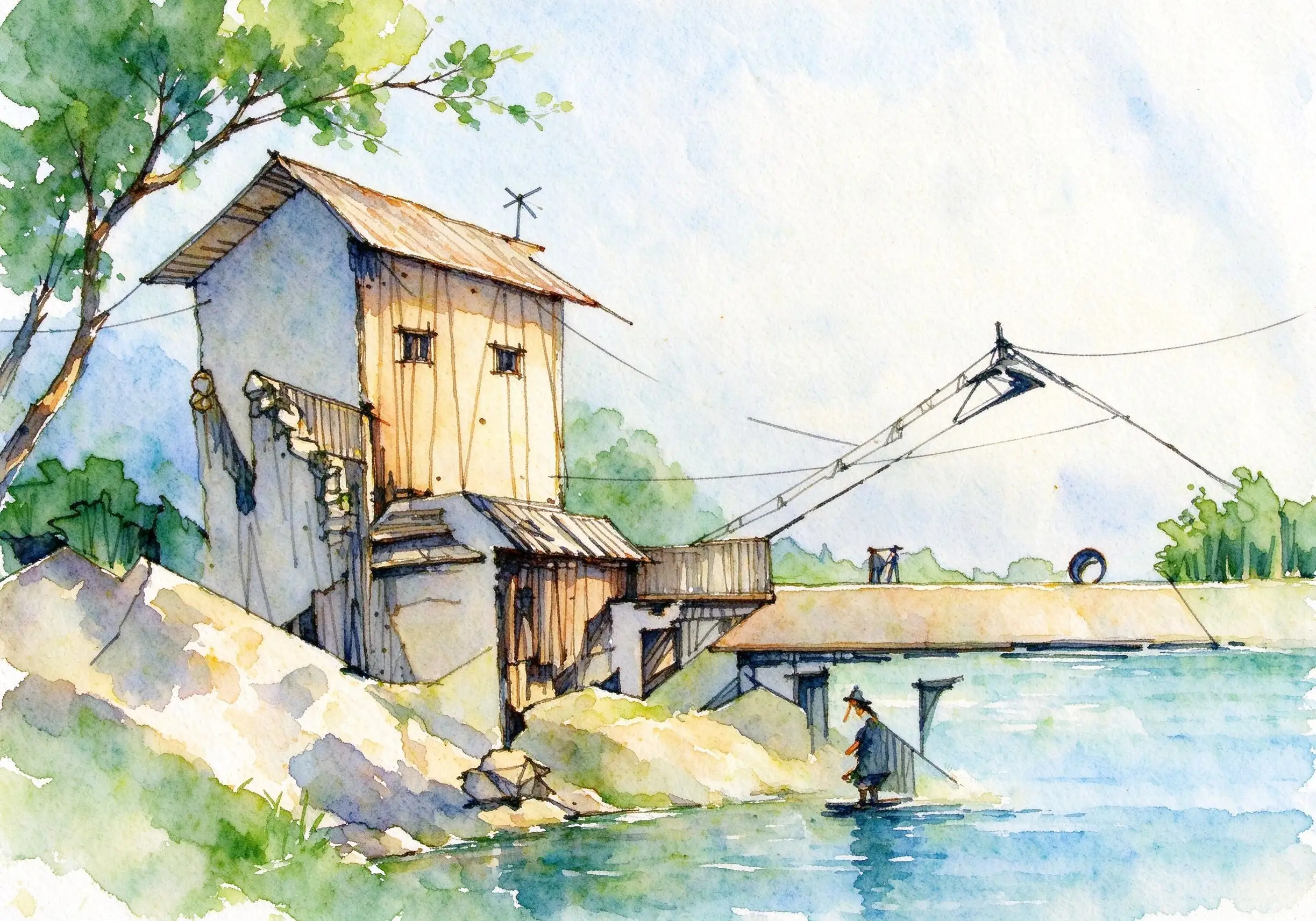 水彩_水边坡顶小屋吊桥.webp
