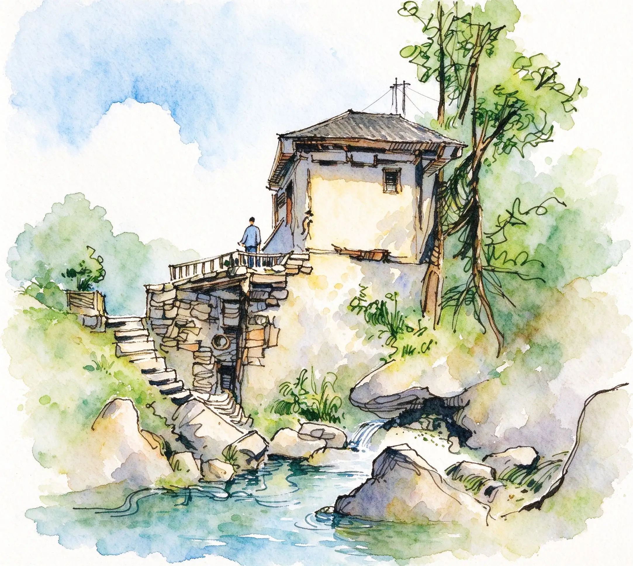 水彩_溪畔石屋石阶.webp