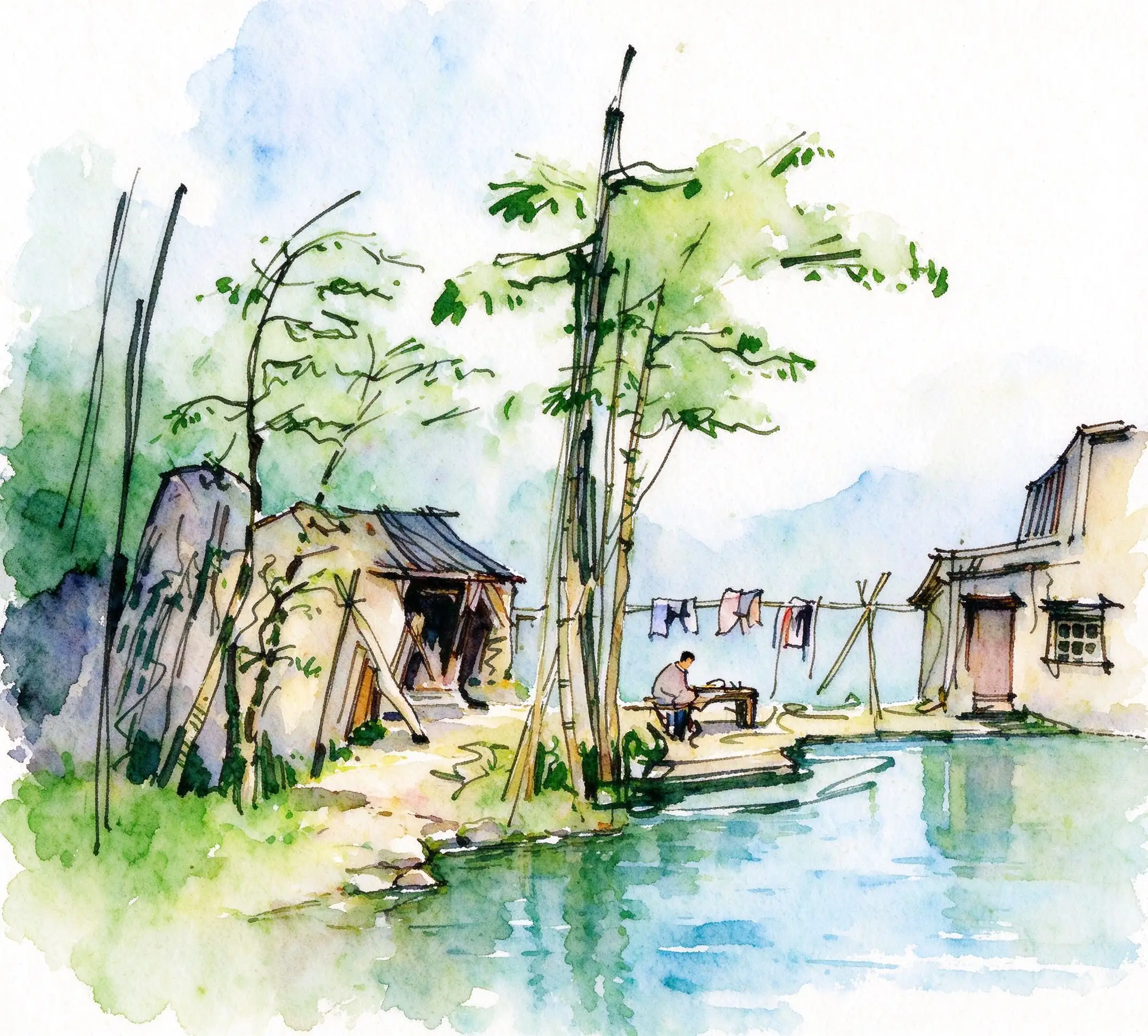 水彩_溪边晾晒农院.webp