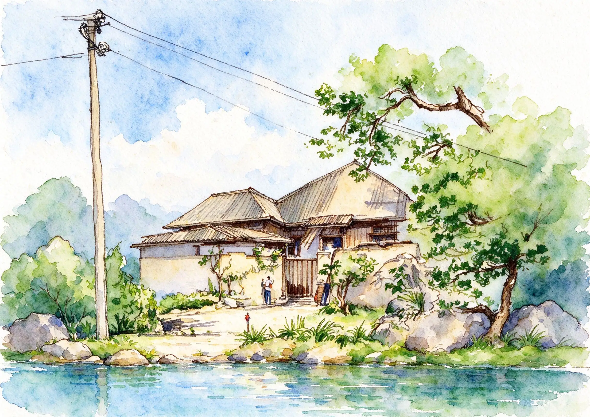 水彩_电线杆旁临水小屋.webp