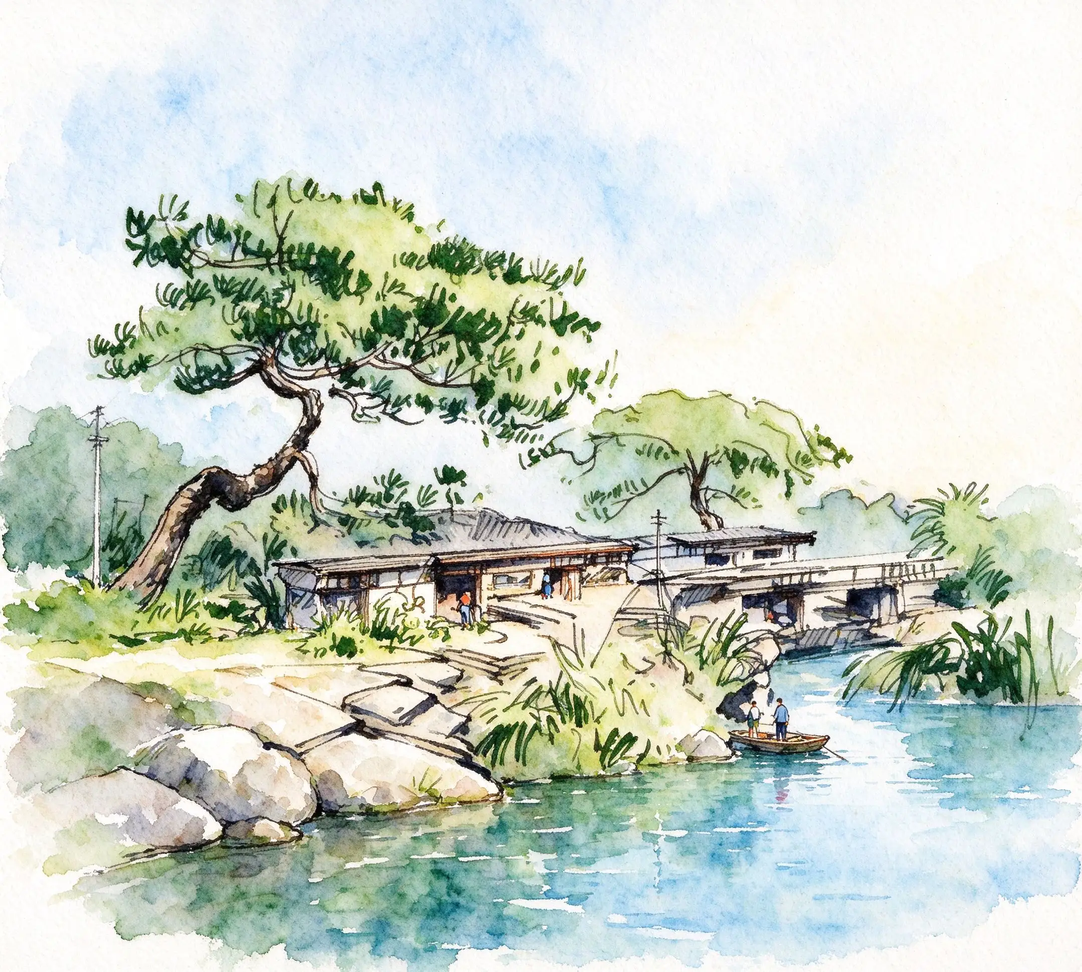 水彩_苍松水岸长桥.webp