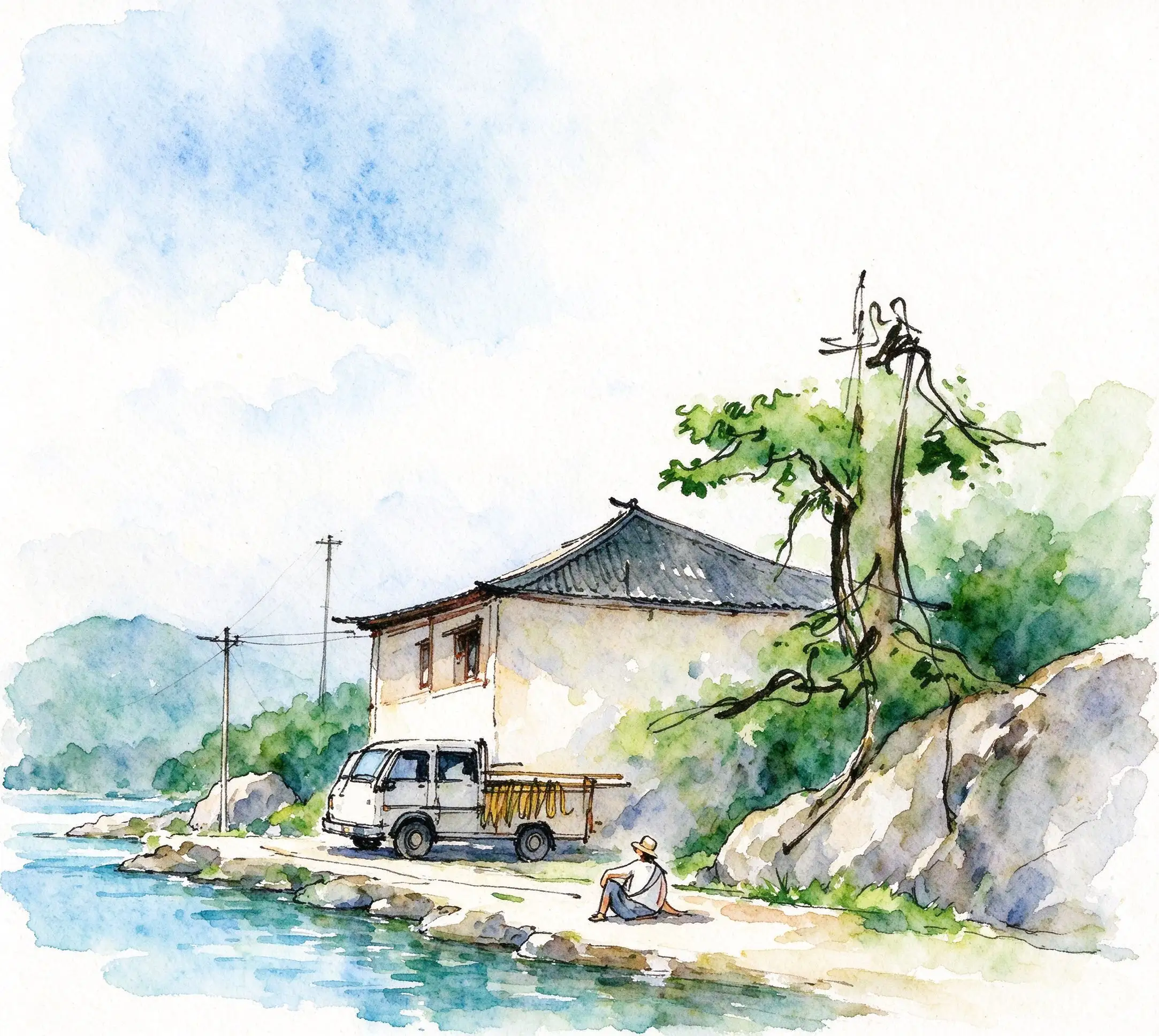 水彩_路边货车与大树.webp