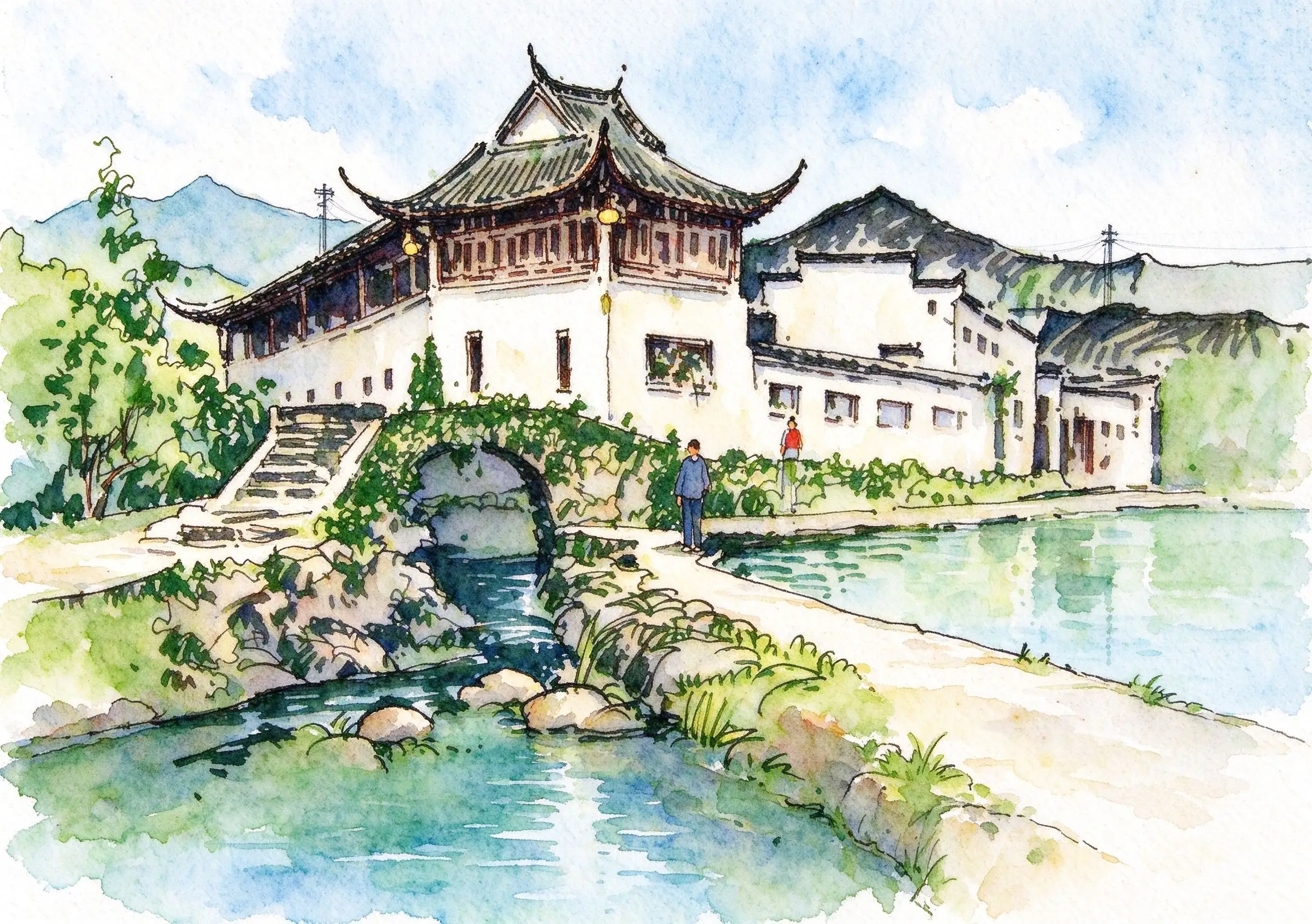 水彩_飞檐楼阁石桥水景.webp