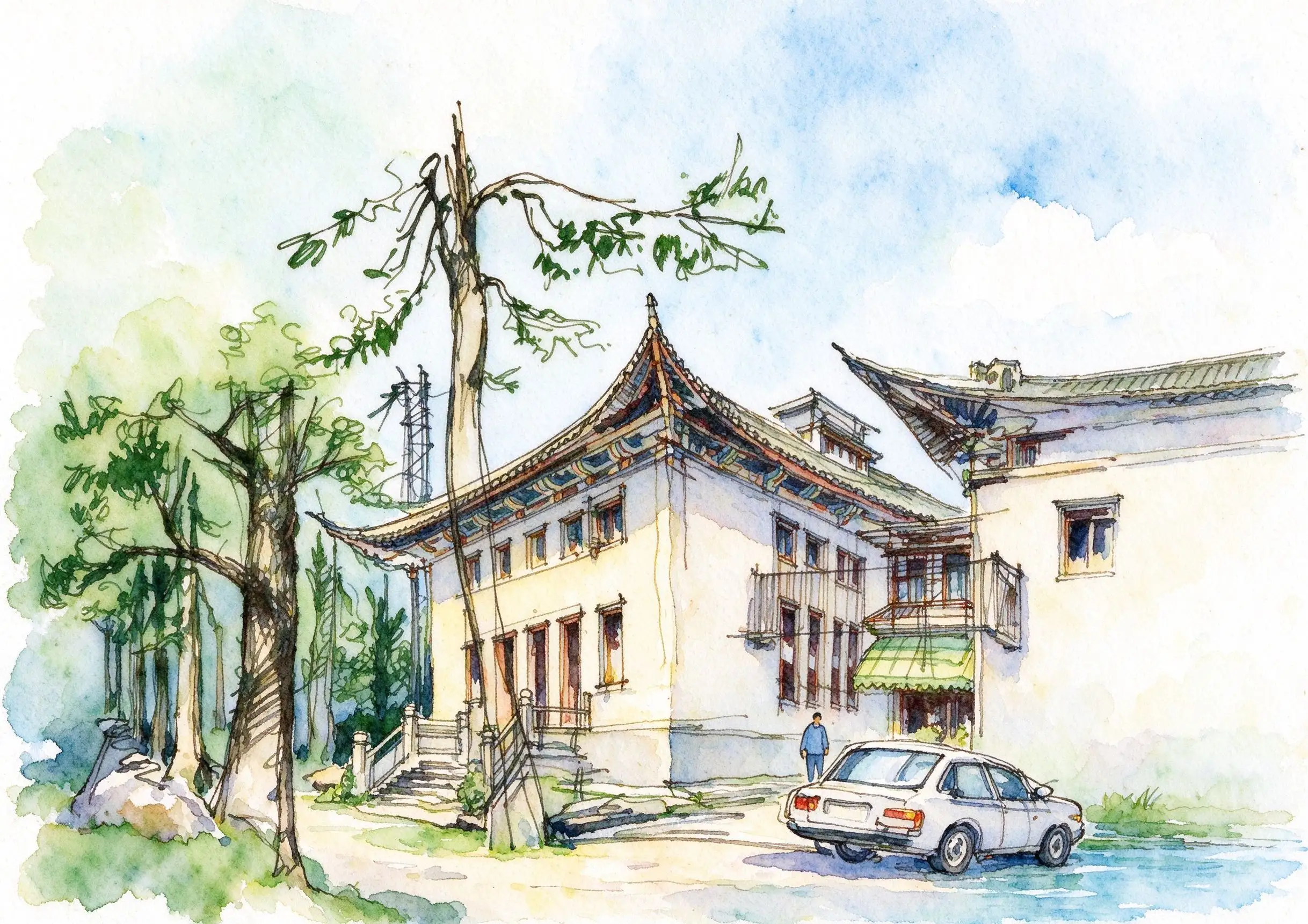 水彩_飞檐洋楼与汽车.webp