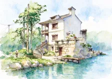 水彩_石砌台基洋楼
