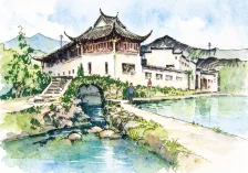水彩_飞檐楼阁石桥水景