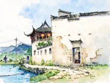 水彩_中式古建楼阁