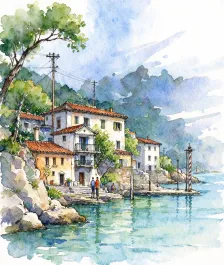 水彩_威尼斯圆顶教堂水景