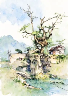 水彩_崖壁古树村居