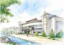 水彩_现代弧形公建