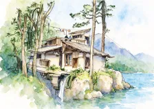 水彩_苍松山溪层叠屋