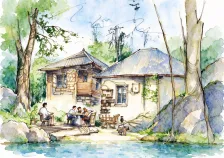水彩_林间露天茶座