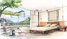 水彩_卧室阳台景观