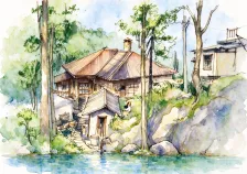水彩_林间坡顶山舍