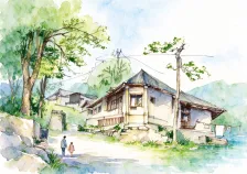 水彩_湖畔坡顶民居