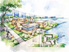 水彩_滨水建筑群鸟瞰设计