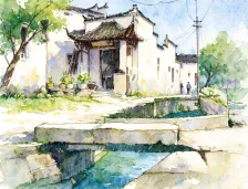 水彩_徽派马头墙民居门楼