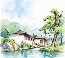 水彩_溪边林边屋舍