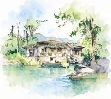 水彩_庐山林中木屋别墅