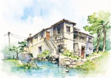 水彩_山居石阶斜顶小楼