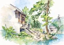 水彩_松林石阶小径